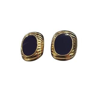 Vintage Signed JS Gold Tone And Navy Enamel Clip-On Earrings